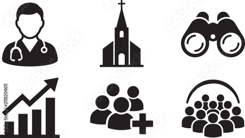 Community icons, doctor silhouette, church building, binoculars, growth chart, social connection, teamwork, collective gathering, healthcare, religion, exploration, progress illustration