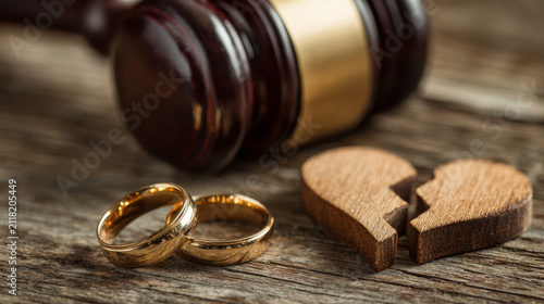 Divorce concept with wedding rings, broken wooden heart, and judge gavel on rustic wooden surface symbolizing legal separation and emotional pain