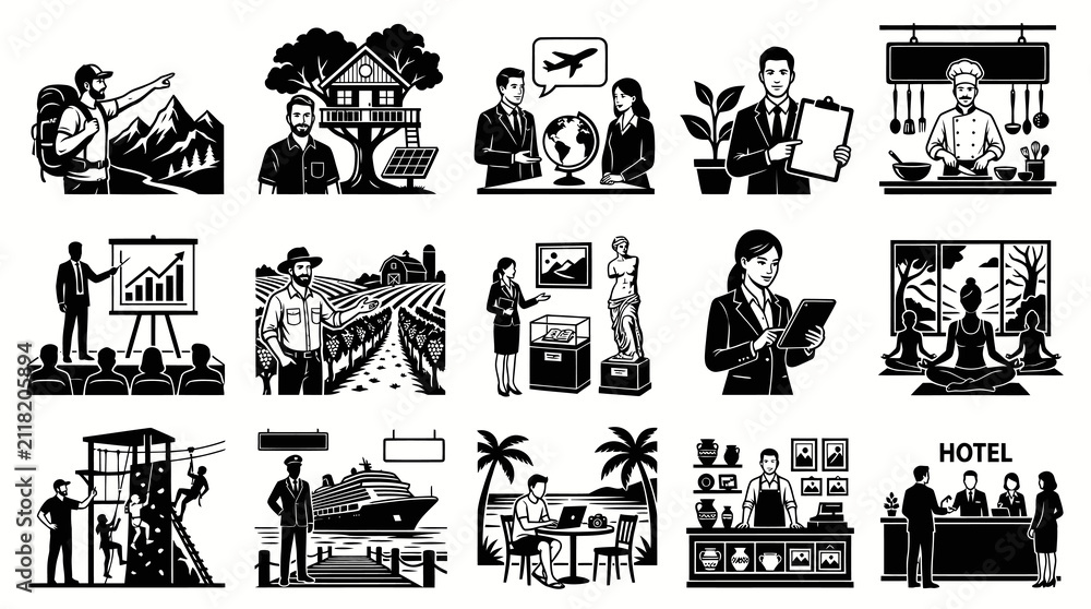 Fototapeta premium Monochrome Glyph Icon Set: Diverse Professions, Lifestyles, and Human Activities Vector Collection