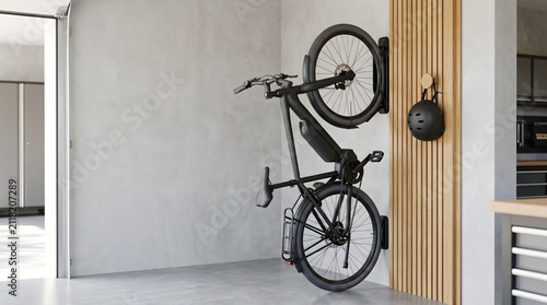 electric bicycle stored vertically on wall mount