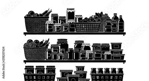 Vector illustration of pantry shelves filled with jars of preserves, canned goods, and baskets of produce on a transparent background