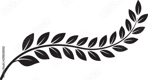 Black silhouette of a curved olive branch with leaves design element