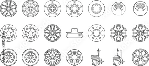 Automotive Wheel and Tire Service Line Icon Set with Rims, Brakes and Workshop Tools