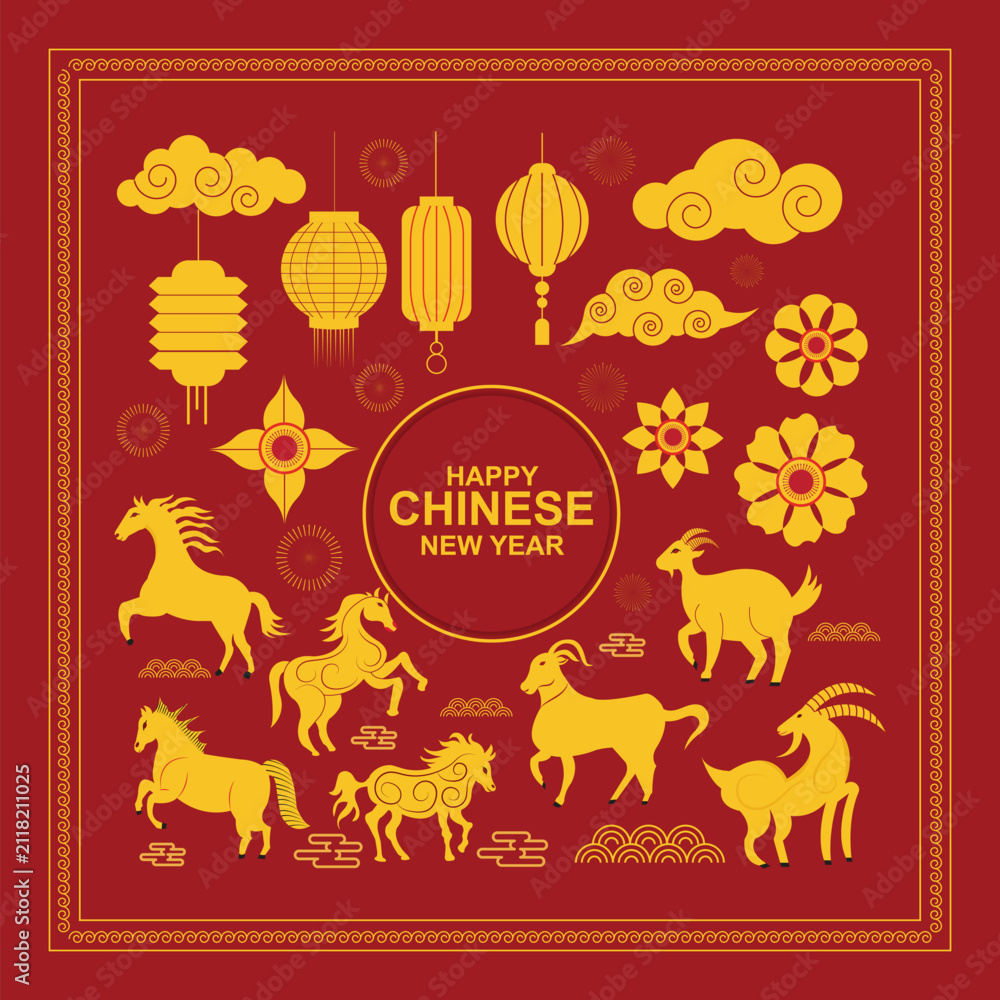 Fototapeta premium Happy Chinese New Year 2027 vector icon set with zodiac horses and goats, lanterns, fireworks, clouds and flowers
