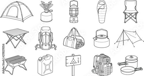 Camping Equipment Line Icon Set with Outdoor Gear, Hiking Accessories and Adventure Essentials Collection