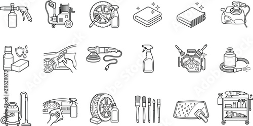 Car Detailing and Auto Cleaning Line Icon Set with Vehicle Care Equipment Collection