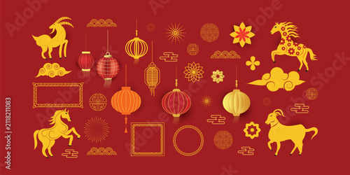 Obraz na plátně Happy Chinese New Year 2027 vector icon set with zodiac horses and goats, lanter