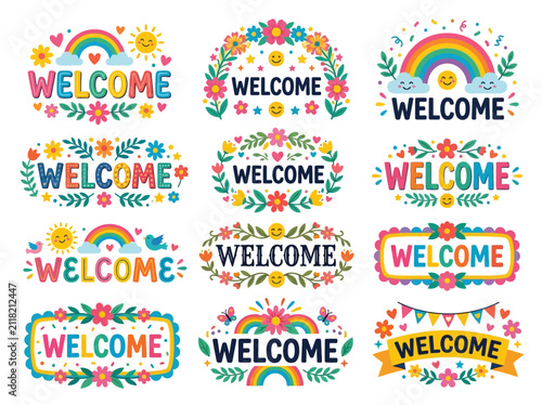Cute welcome sign illustrations bundle set for classroom decor with colorful rainbows, flowers, on white background.