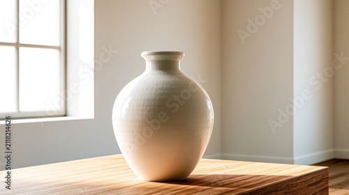 A white vase with a smooth, rounded shape, placed on a wooden table in a minimalist, light-colored room with a window.