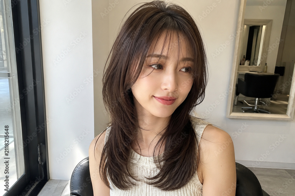 Naklejka premium 美容室の窓辺で横を見るロングレイヤーの女性、窓辺