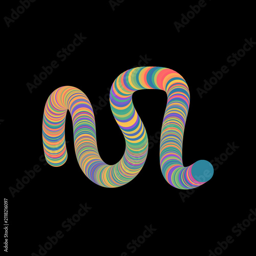 Abstract swirling rainbow tube with teal end on black background, 3d