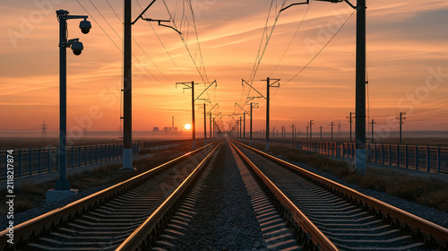 Straight railway tracks stretching into the distance at sunset with dramatic glowing sky. Perfect for travel and transportation journey concepts.