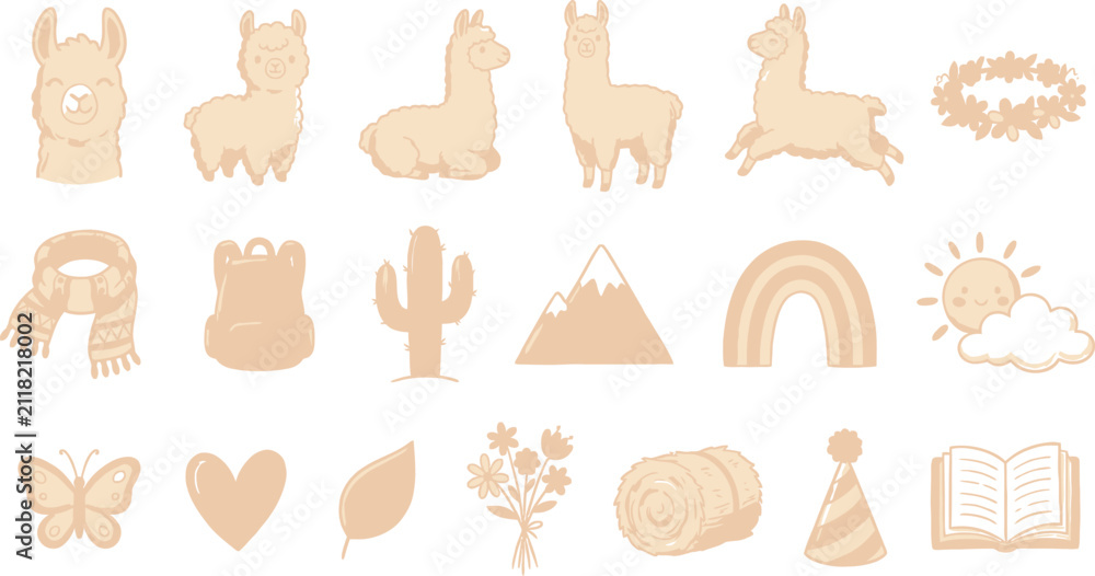 Obraz premium Cute llama vector icon set. Kawaii alpaca illustrations with nature elements and symbols.