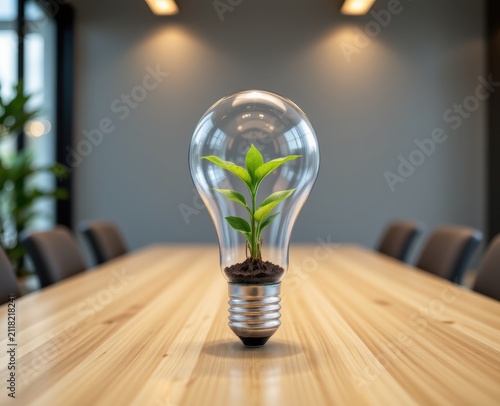 A green plant growing inside a transparent lightbulb on a wooden table in a modern office.
