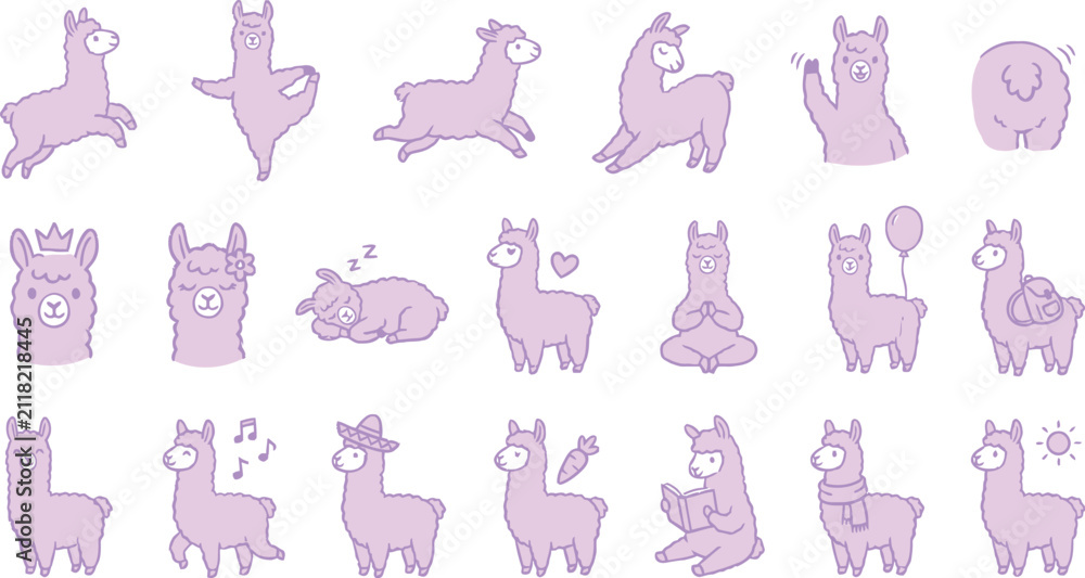 Obraz premium Cute llama vector icon set. Funny alpaca characters in various poses and activities.