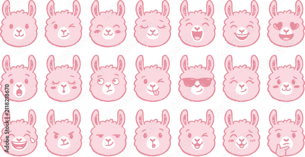 Obraz premium Cute pink llama emoji set. Funny alpaca face icons with various emotions and expressions.