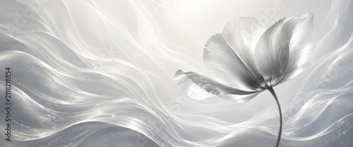 シルバーの一輪の花と流れる抽象背景｜エレガントなフローラルデジタルアート 横長