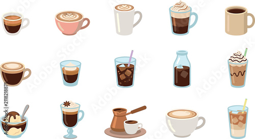 Obraz na płótnie Coffee drinks and hot beverage menu collection vector illustration set featuring espresso, latte, iced coffee, cappuccino, and frappe isolated on white