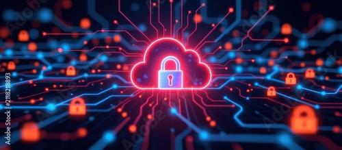 Digital cloud security concept with glowing padlocks and circuit board connections.