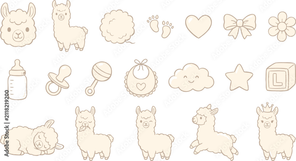 Obraz premium Cute llama baby shower icons. Vector nursery elements for kids design and party decor.