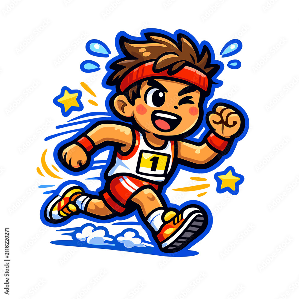 Obraz premium Energetic cartoon boy athlete sprinting in a race uniform with number one, representing speed, endurance, competition, fitness, determination, and sporting success.