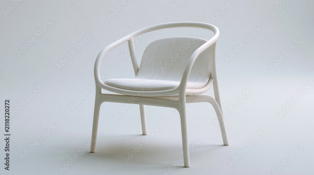 Obraz premium A minimalist white chair with a cushioned seat and backrest, placed against a plain white background.