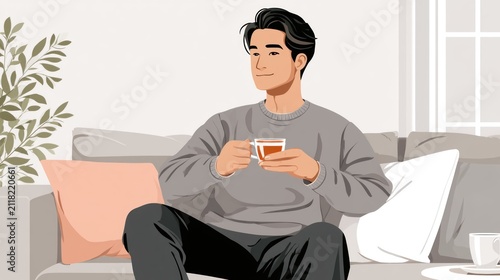 A man sitting on a couch with a laptop, holding a cup of tea, wearing a gray sweater and black pants, with a green plant in the background.
