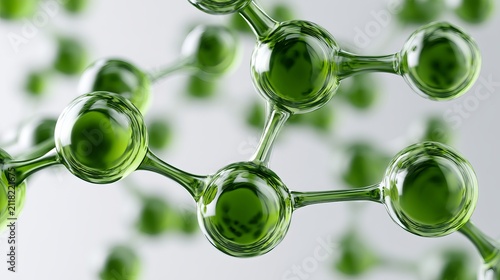 Elegant 3D molecular structure of a vibrant green water molecule with transparent hydrogen and oxygen atoms connected by glowing bonds under dynamic lighting effects