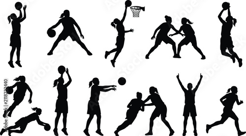 Foto Female Basketball Players Silhouettes Set in Action Poses for Sports Graphics an