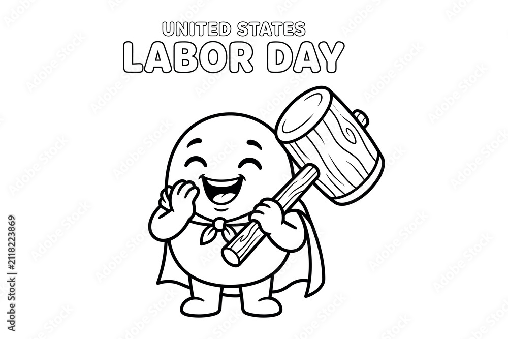 Fototapeta premium Cute superhero mascot character holding a wooden mallet for United States Labor Day celebration line art coloring page outline for kids.