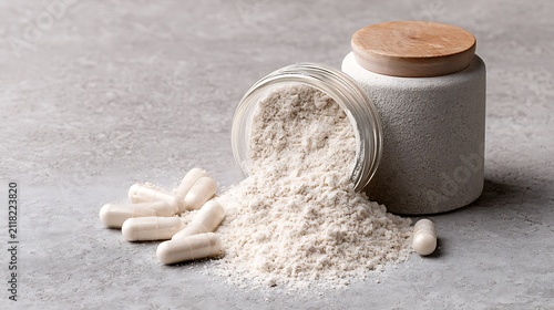 Protein powder with capsules on a grey stone surface. Concept for healthy dietary supplements and wellness.