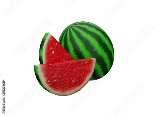 Fresh watermelon illustration slice beside whole fruit. 3d render. Red flesh, green rind, crisp texture visible. isolated white background, vibrant color. Ideal for healthy food, or refreshing themes