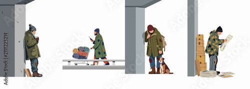 Fotografía Vector illustration of homeless men in different urban settings, featuring characters with a shopping cart, a dog, and reading a newspaper