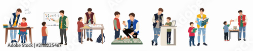 Vector illustration set of a young man tutoring and mentoring a child in math, science, and creative play for early childhood education.