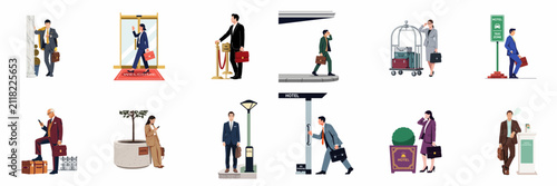 Foto Vector illustration set of diverse business people in professional attire during travel, featuring hotel check-in scenes, luggage, and taxi waiting zones