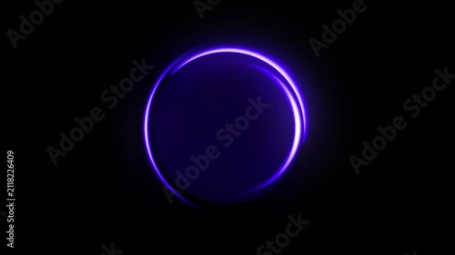 Futuristic glowing purple blue neon ring, bright 4k loop animation, dark background, circular shiny energy plasma, sci-fi HUD element, abstract technology framing, ambient light overlay video