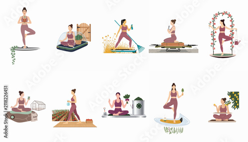 Foto Collection of illustrations featuring a woman practicing yoga while gardening, urban farming, and embracing a sustainable, mindful lifestyle with modern tools and nature