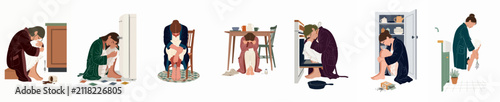 Foto Set of illustrations depicting women experiencing depression, exhaustion, and sadness within a kitchen setting, highlighting mental health struggles at home