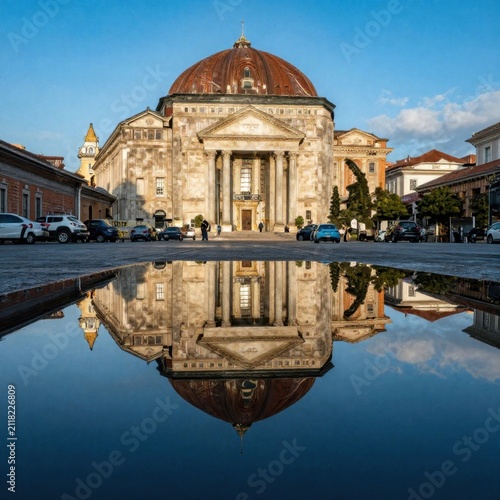 Majestic classical domed church building with grand columns and a terracotta roof perfectly reflected in a large puddle on a cobblestone square under a blue sky.

