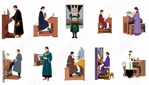 Canvastavla Set of flat vector illustrations depicting diverse individuals playing pipe organs, conducting, and reading music in religious vestments and formal attire