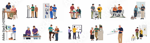 Comprehensive flat vector collection of young tutors helping senior citizens learn and use modern technology in various everyday settings and digital learning environments.