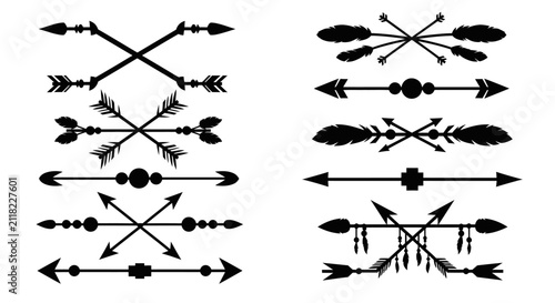 Black silhouette arrows and decorative dividers set isolated on white background