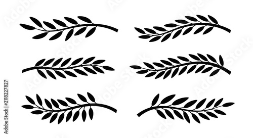 Black silhouette branches with leaves arranged horizontally on white
