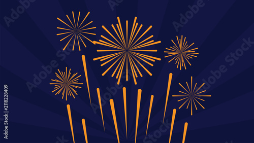 Minimalist golden fireworks display on a dark blue background. Perfect for New Year celebrations, festive events, holiday greetings, invitations, party posters, and seasonal promotional materials.