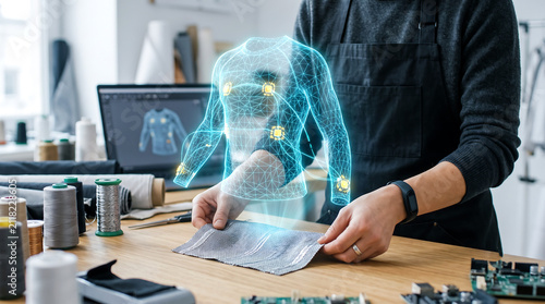 Fashion designer using 3D hologram software. Digital clothing prototype on a virtual mannequin.