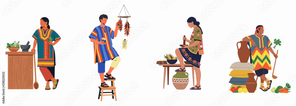 Fototapeta premium Flat vector characters in traditional indigenous clothing preparing food with various herbs, spices, and fresh vegetables isolated on white background.