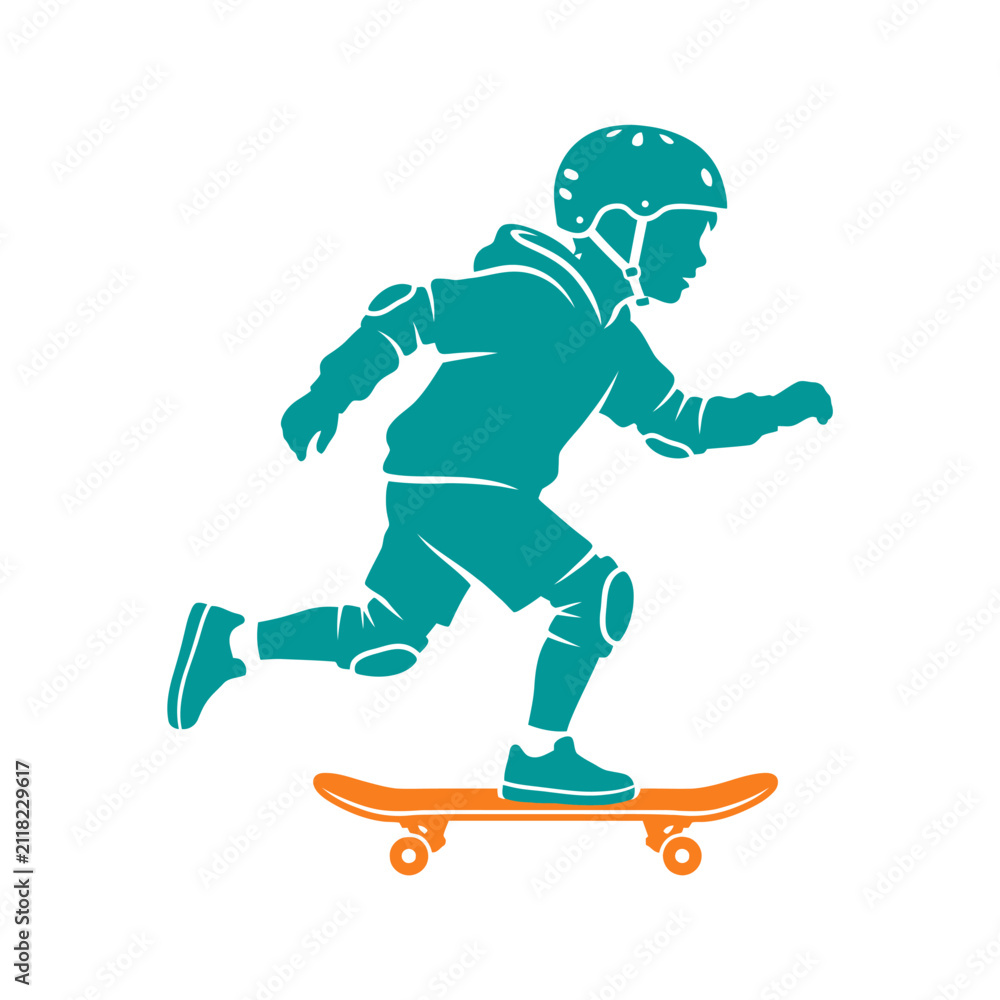 Fototapeta premium Skateboarder boy silhouette vector, young skater with helmet and safety gear, teal and orange extreme sports illustration for youth lifestyle isolated on White Background silhouette