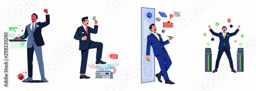 Fotografie Set of illustrations showing a businessman successfully bypassing cyber security measures, hacking systems, and celebrating digital triumphs in various conceptual scenarios