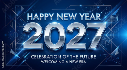 Futuristic new year 2027 celebration graphic design with glowing metallic numbers and cosmic background for digital marketing and social media
