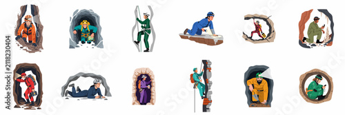 Bild auf Leinwand Set of diverse speleologists and explorers navigating underground caves and mines with specialized equipment in various flat illustration scenes